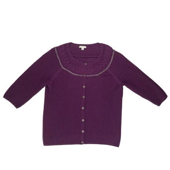 Liz Claiborne Cardigan Women XL Purple Cable Knit Chain Trim Button Down Sweater - Picture 2 of 16